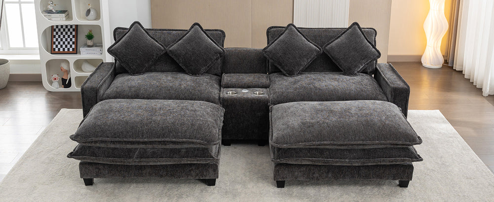 Cozy Black Chenille Sectional Sofa with Ottomans and USB Ports