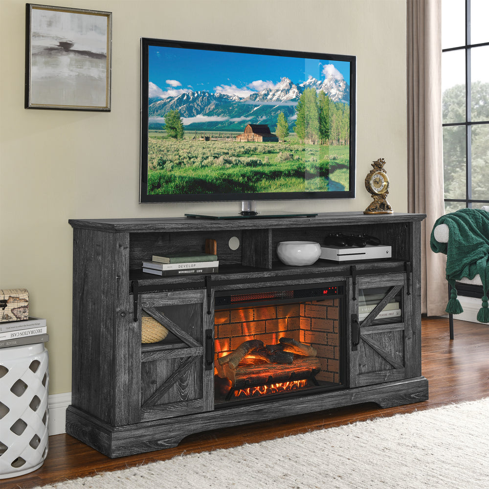 Cozy Dark Oak Electric Fireplace TV Stand