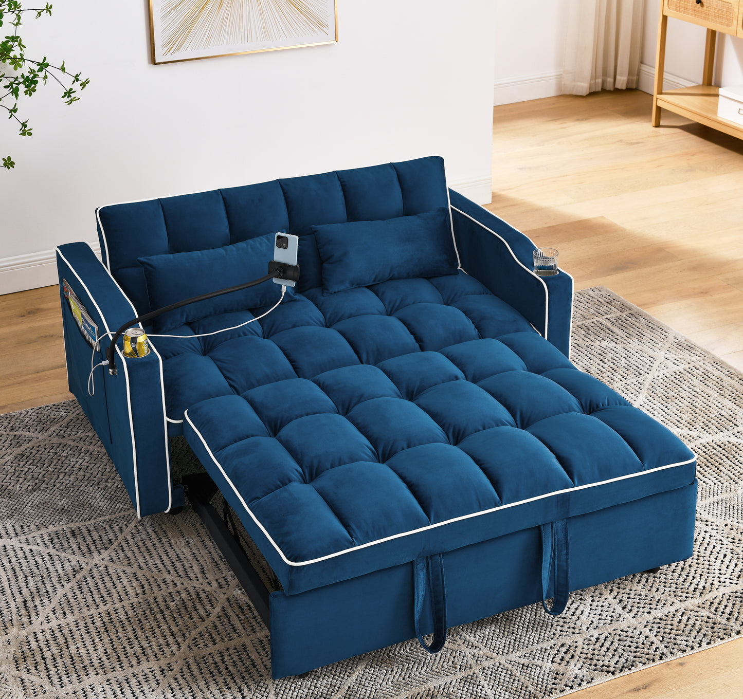 Blue Velvet Dream Sofa Bed: Foldable, Adjustable & USB-Ready