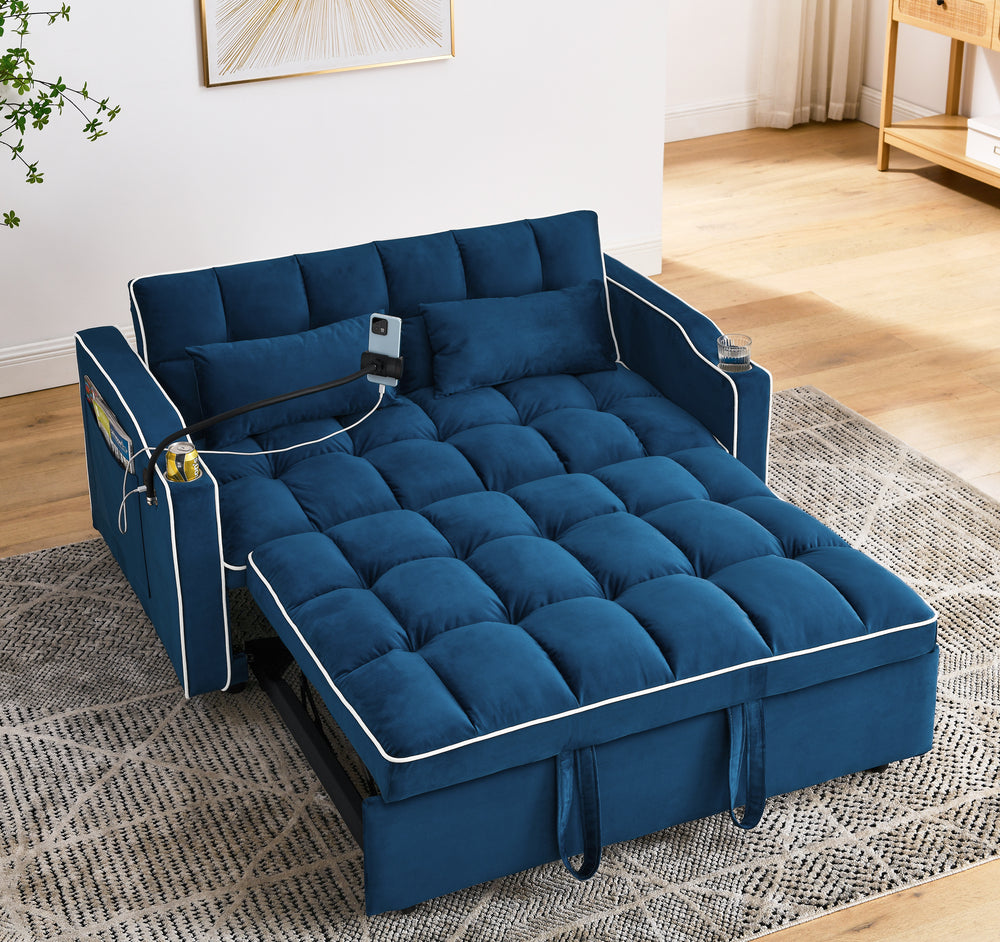 Blue Velvet Dream Sofa Bed: Foldable, Adjustable & USB-Ready