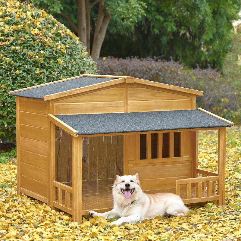 Cozy Canine Cabin - Weatherproof Wooden Dog House with Porch