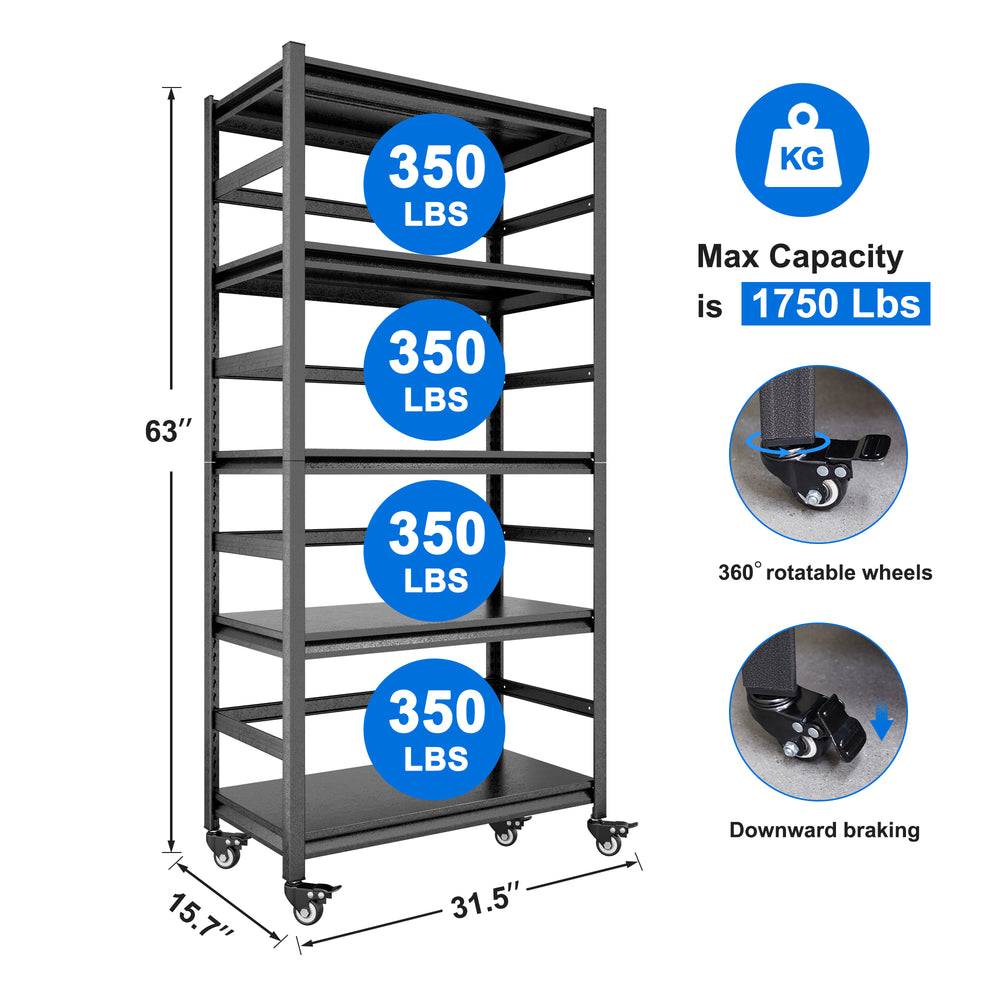 Sturdy Rolling 5-Tier Metal Shelving Unit - Perfect for Kitchen & Garage