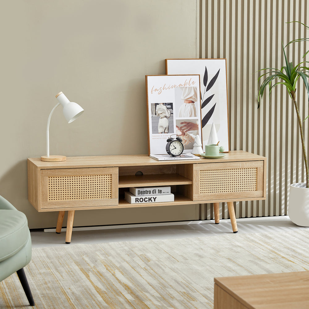 Chic Rattan TV Stand with Sliding Doors