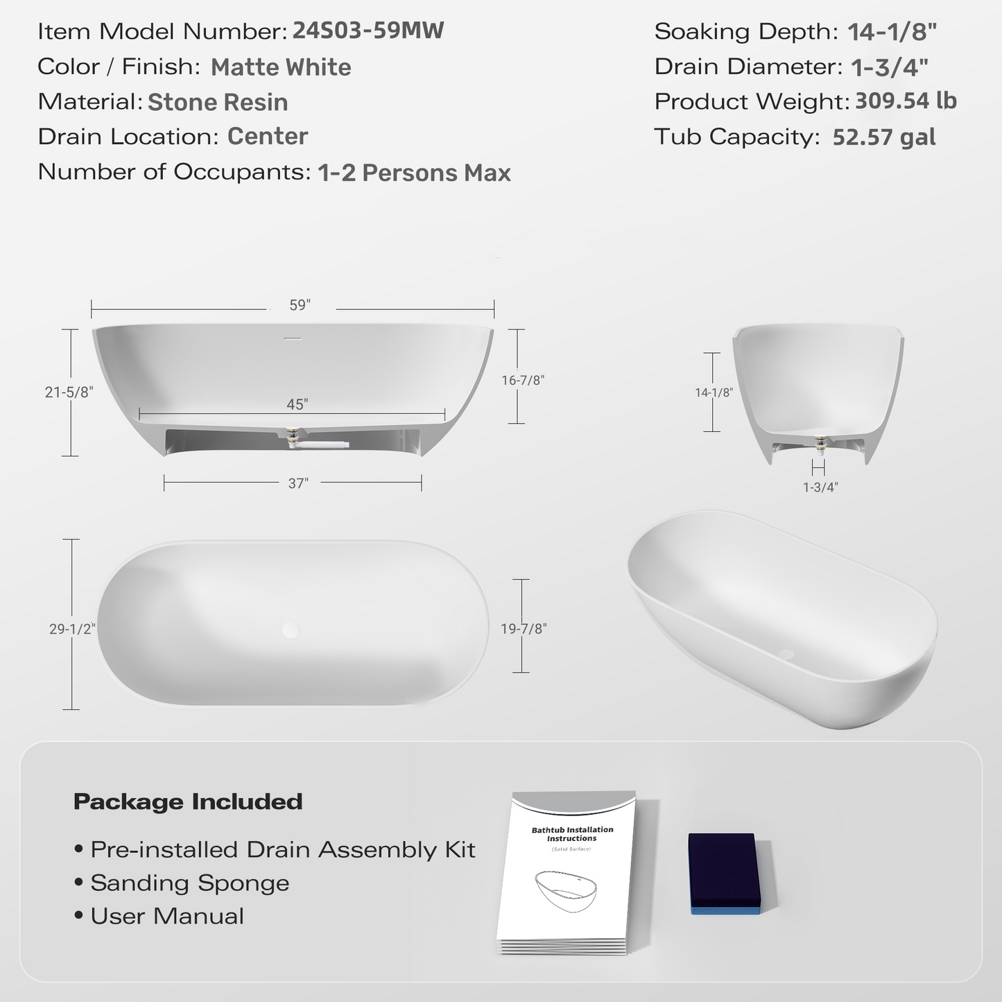 Sleek Soak Bathtub - Chic Matte White Oasis for Your Bathroom