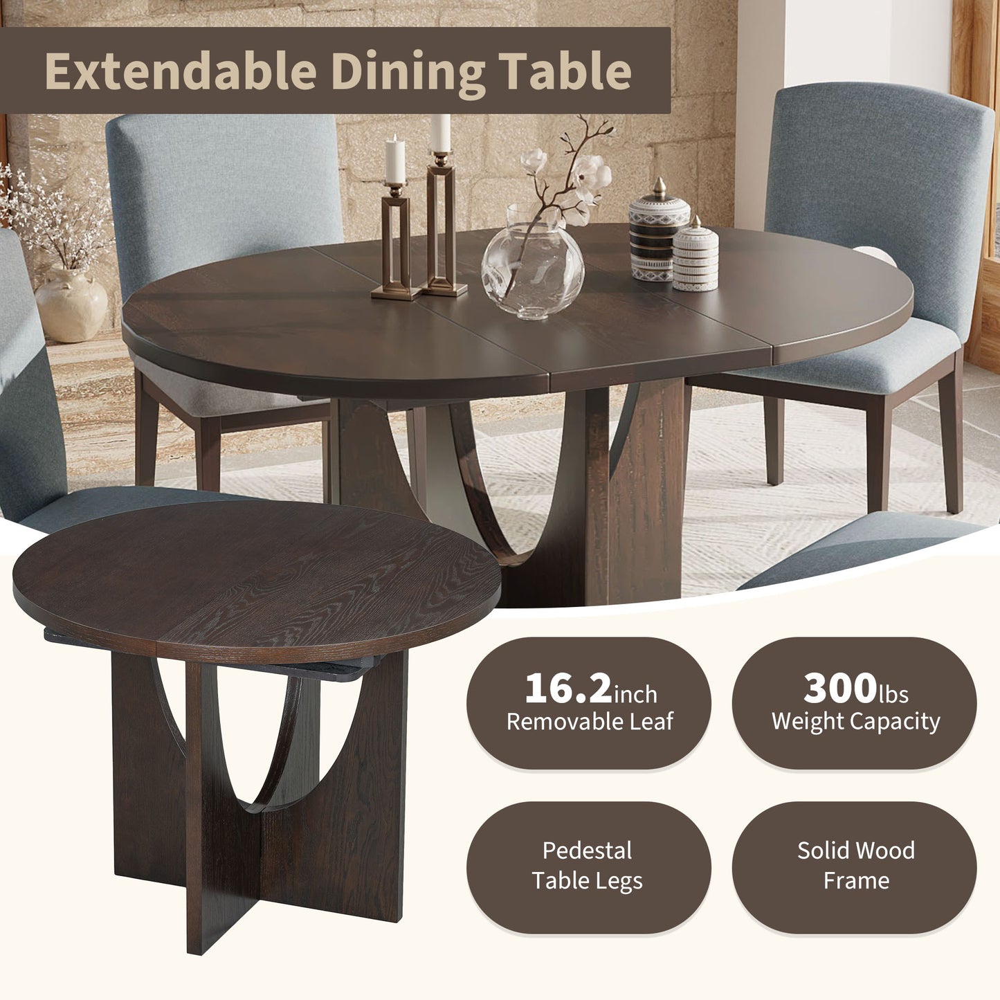 Cozy Expandable Dining Set with Removable Leaf in Espresso and Gray