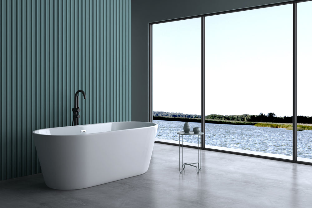 Chic White Freestanding Soaking Tub with Sleek Drain