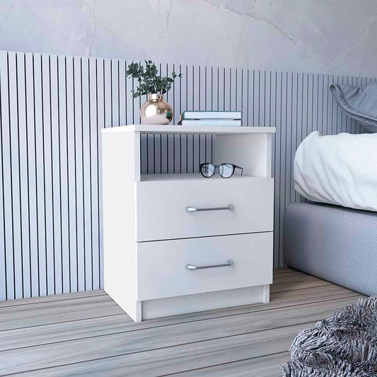 Stylish White Nightstand with Double Drawers and Shelf