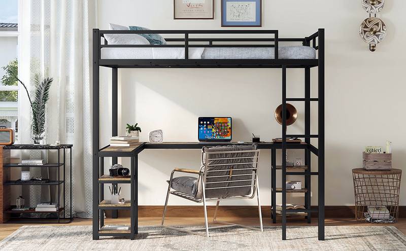 Chic Loft Bed with Desk & Shelves