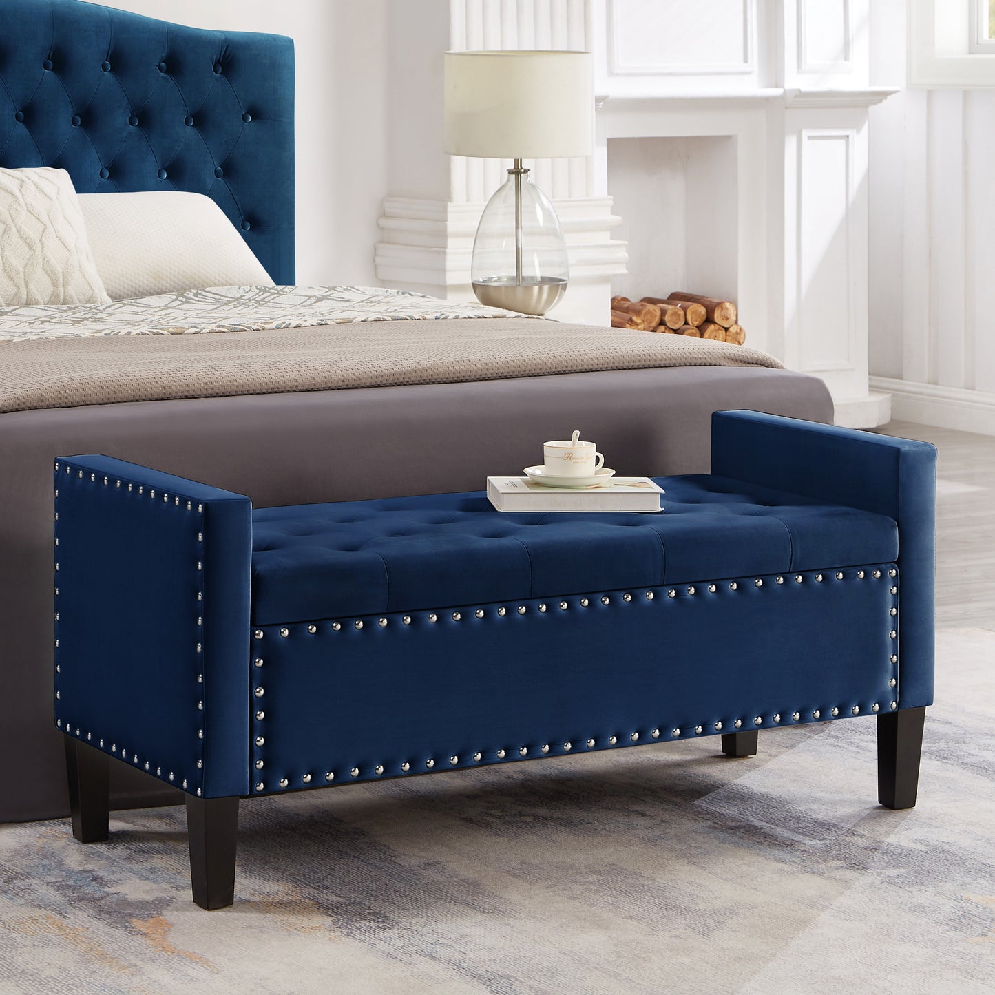 Navy Tufted Storage Bench with Armrests