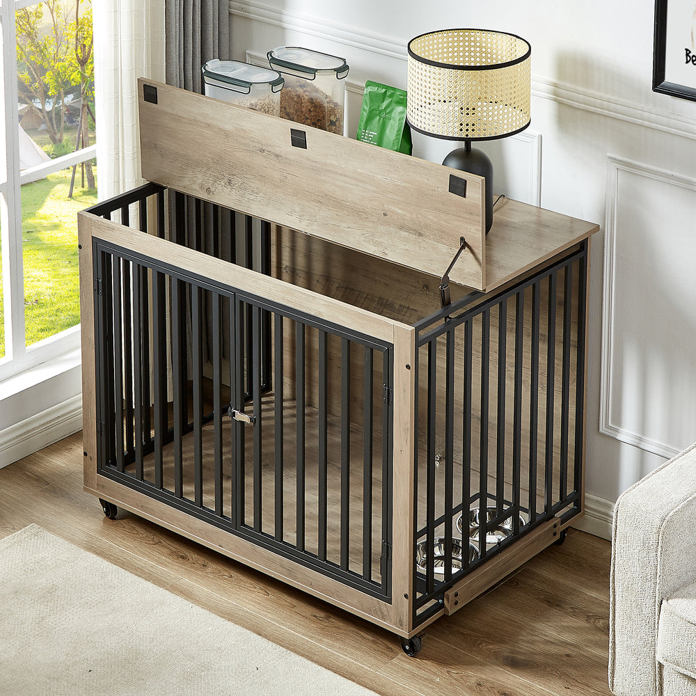 Chic Pet Crate & Side Table with Wheels & Bowls