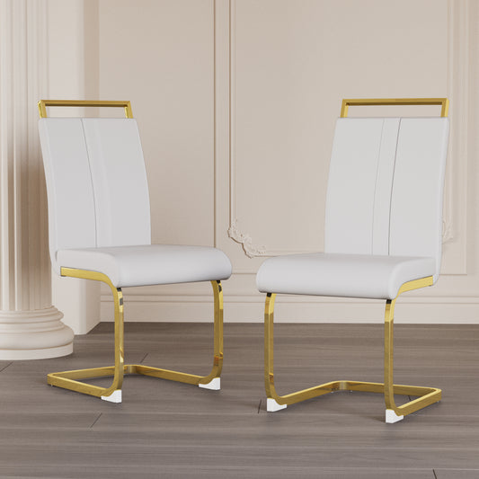 Chic White Faux Leather Dining Chairs with Gold Accents - Set of Two