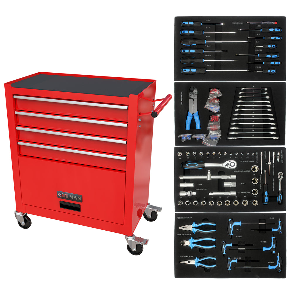 Red Tool Cabinet with Four Drawers and Sets