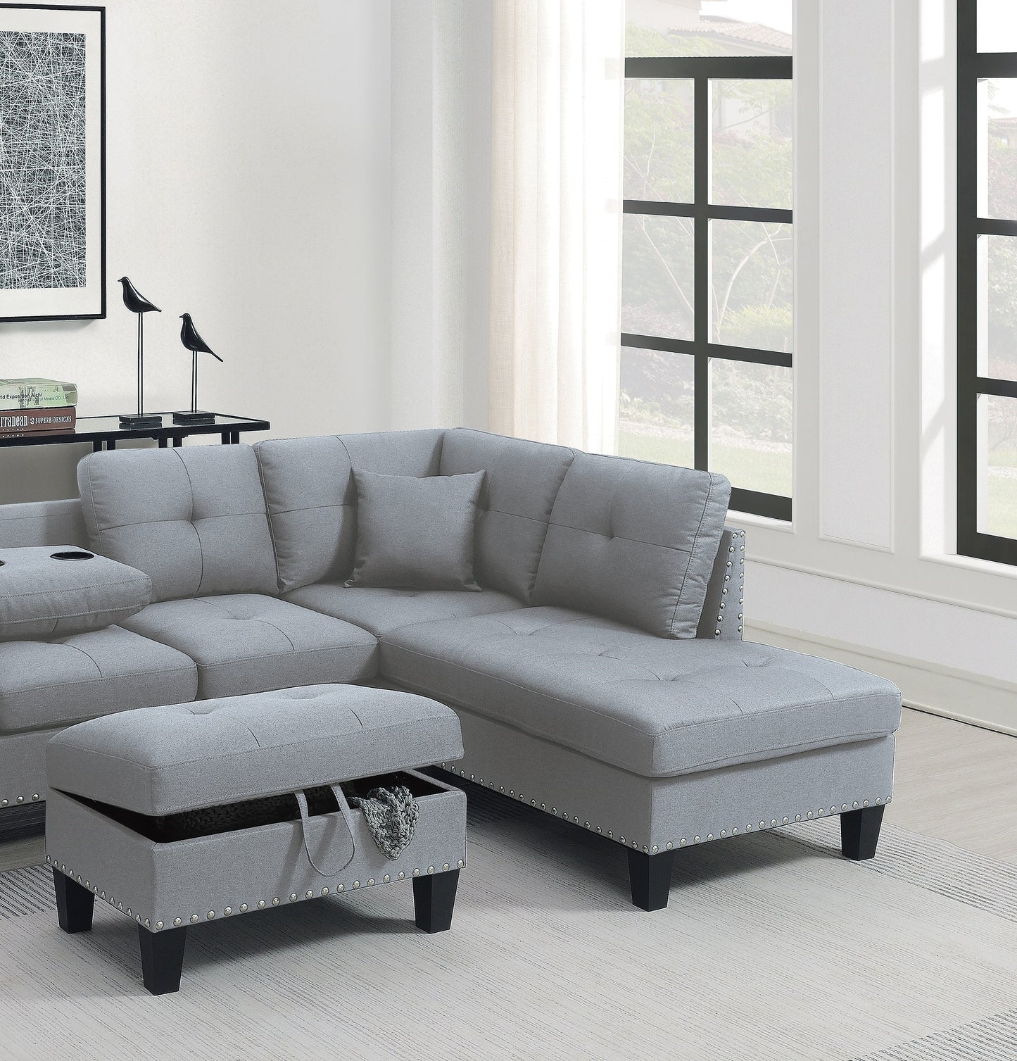 Cozy Taupe Grey Sectional Sofa Set with Storage Ottoman & Cup Holders