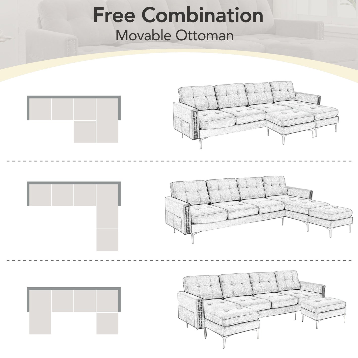 Cozy L-Shaped Sectional Sofa with Movable Ottoman - Light Grey