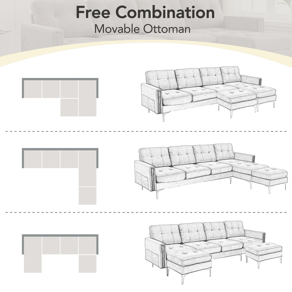 Cozy L-Shaped Sectional Sofa with Movable Ottoman - Light Grey