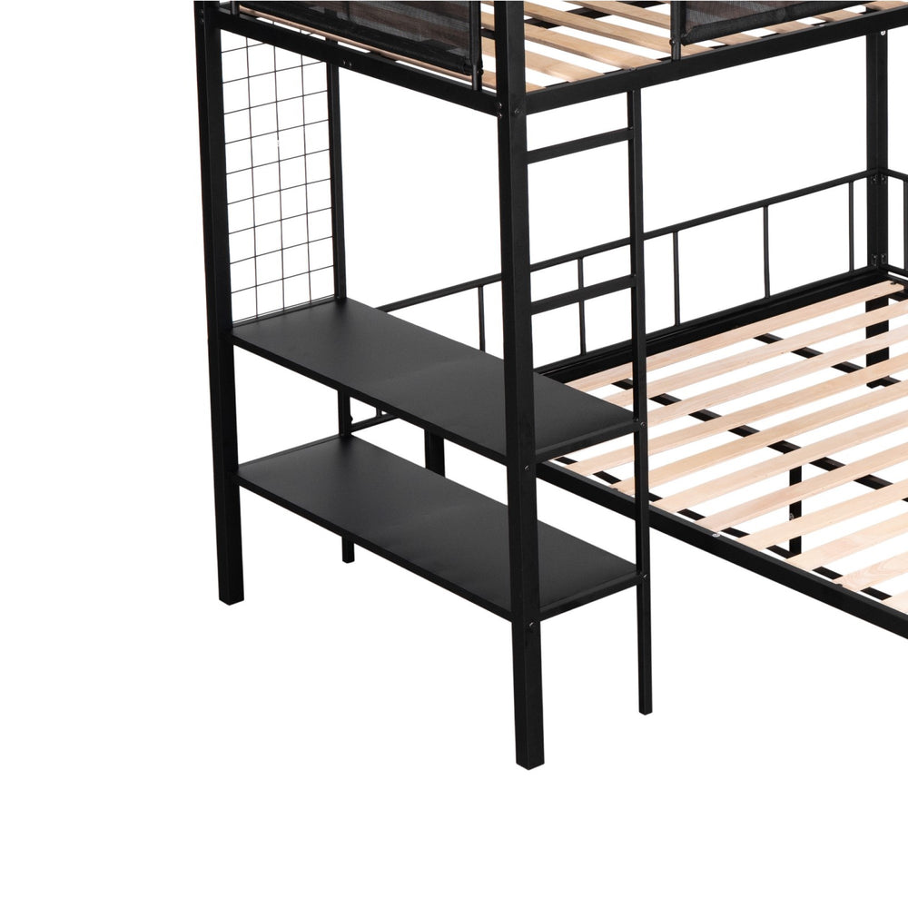 Cozy Metal Bunk Bed with Shelves & Guardrails