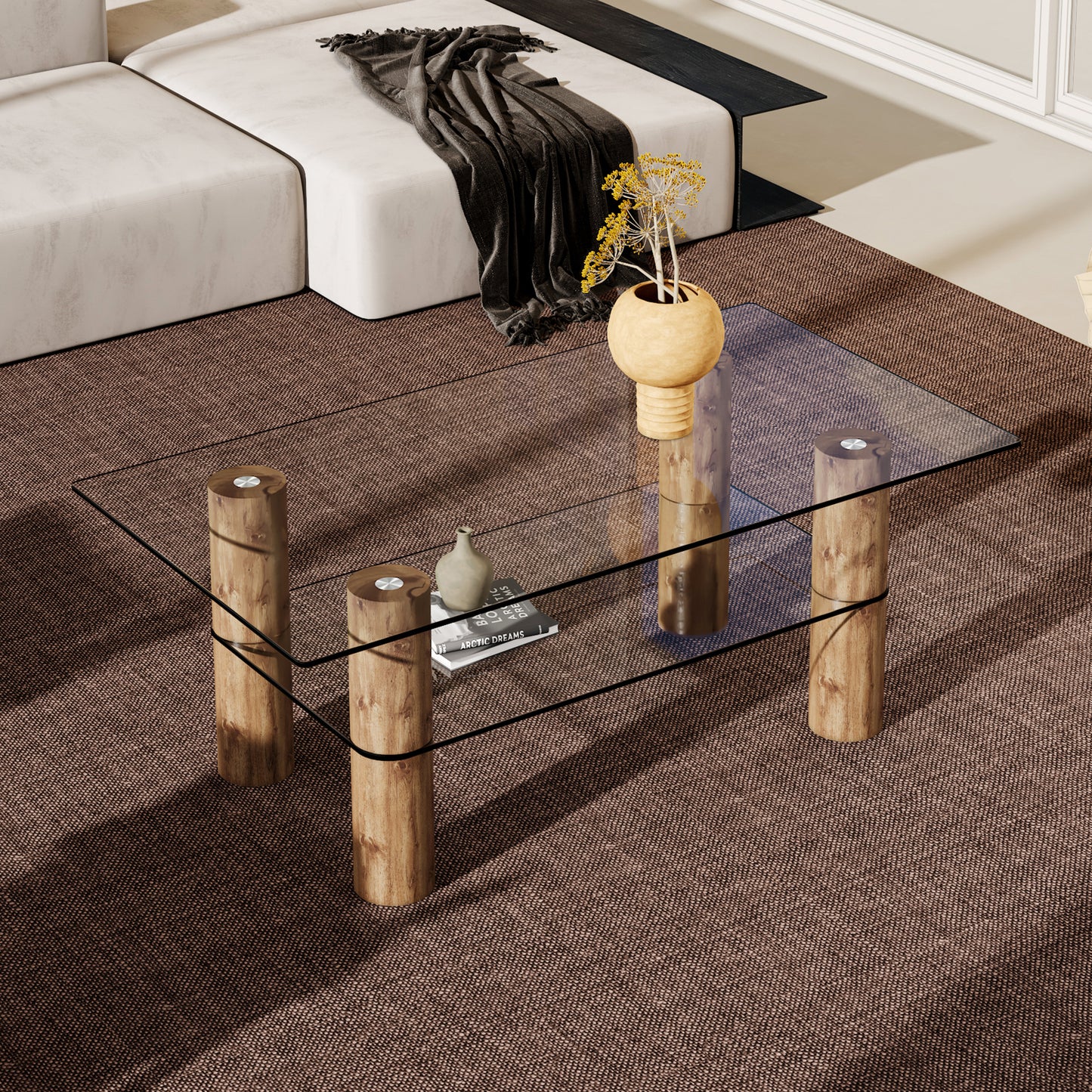 Sleek Dual-Layer Glass Coffee Table with Wooden Accents