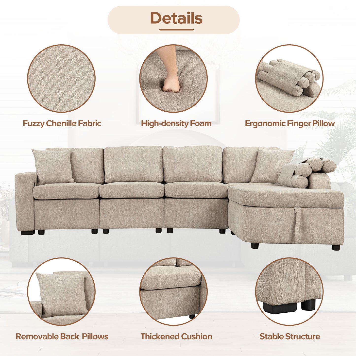 Cozy L-Shaped Sofa with Storage, Cup Holders, and USB Ports - Beige