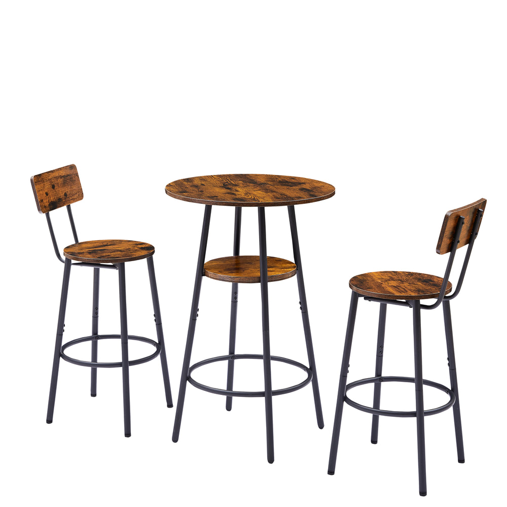 Rustic Round Bar Stool Set with Backrest and Shelves