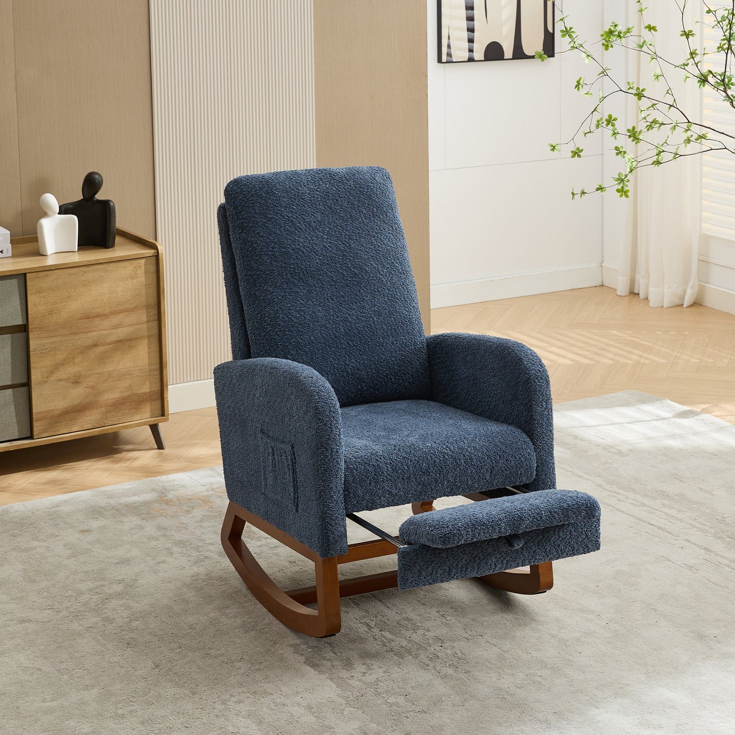 Navy Rocking Glider Chair with Footrest and Side Pocket