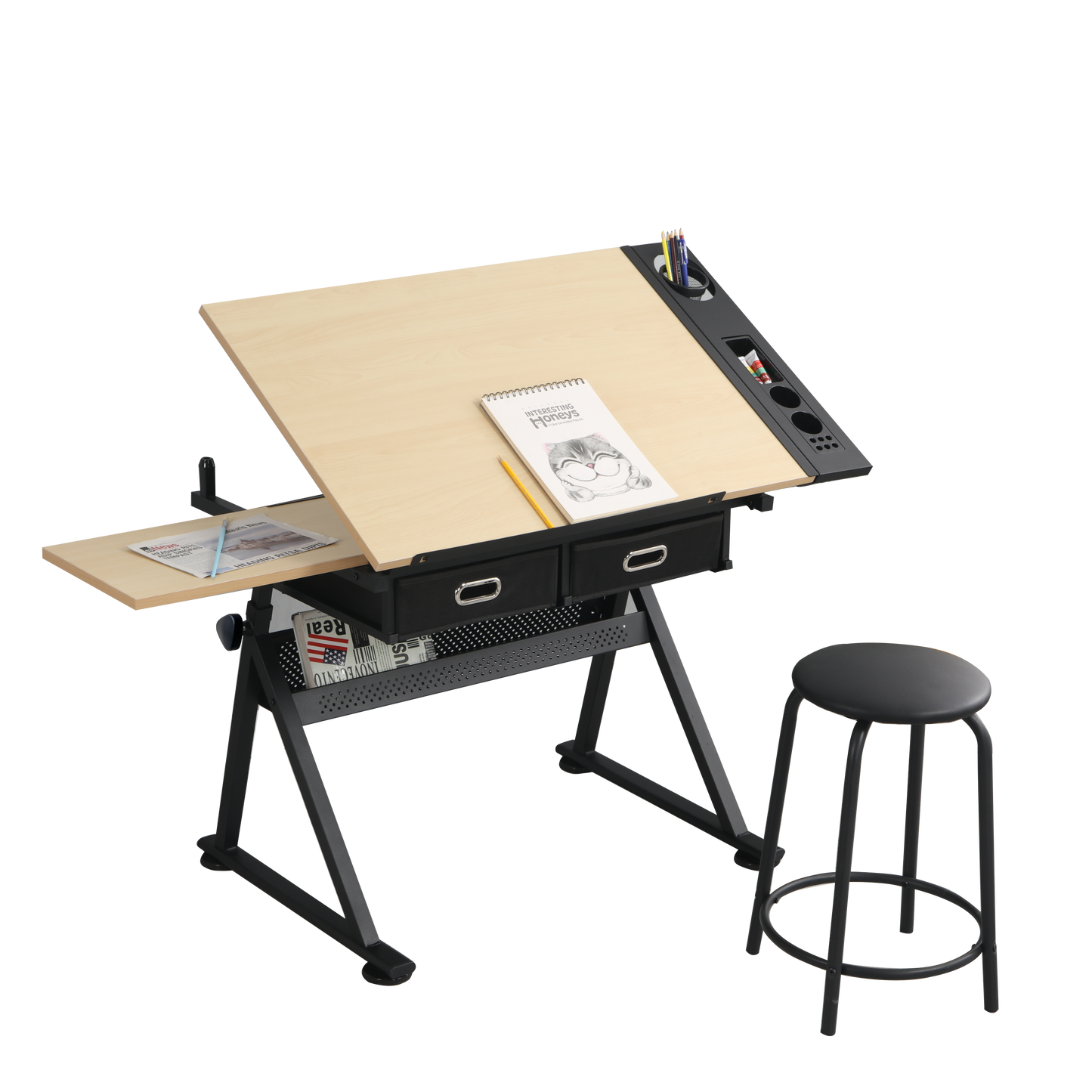 Versatile Drawing Desk with Storage and Stool