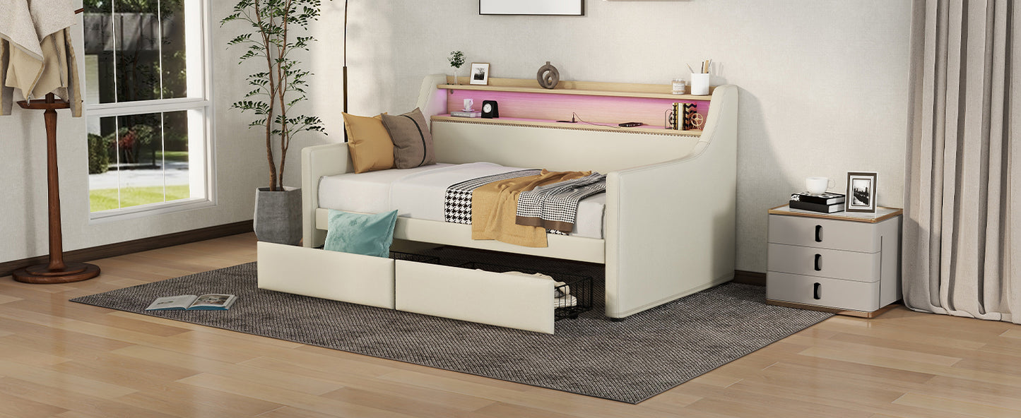 Cozy Beige Daybed with Storage & LED Lights