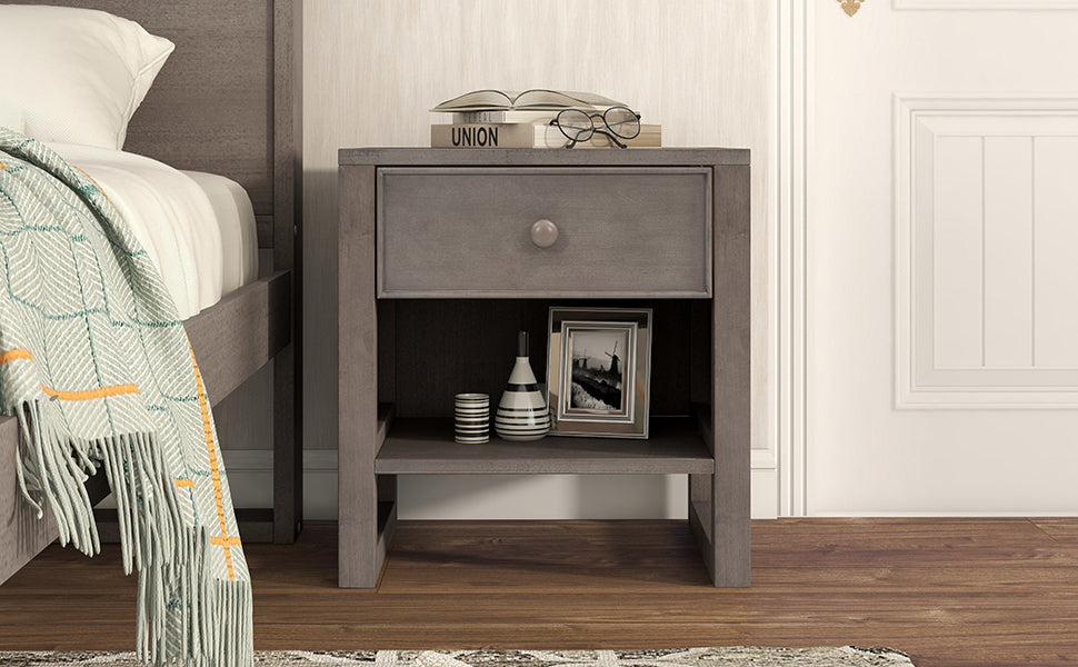 Charming Gray Wooden Nightstand with Drawer and Open Shelf