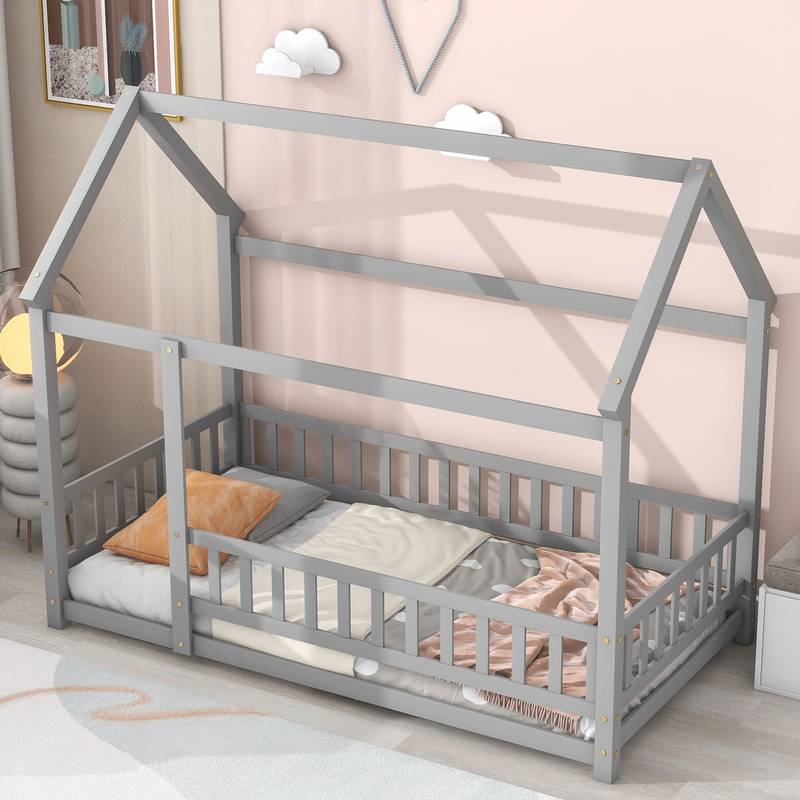 Cozy House-Style Twin Bed with Guardrails in Grey