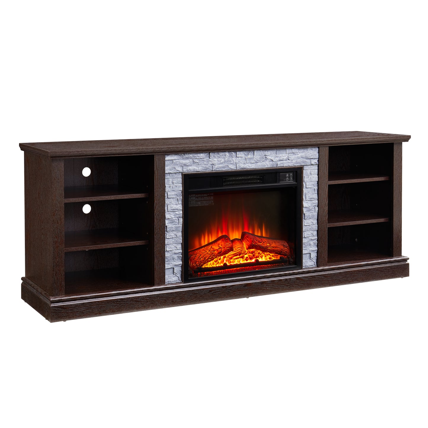 Cozy Cherry TV Stand with Faux Stone and Fireplace