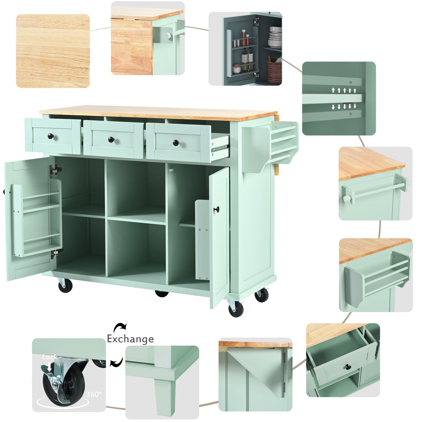 Mint Green Kitchen Island on Wheels with Drop-Leaf Countertop & Storage