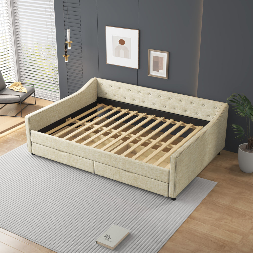 Cozy Upholstered Daybed with Storage Drawers - Beige Elegance