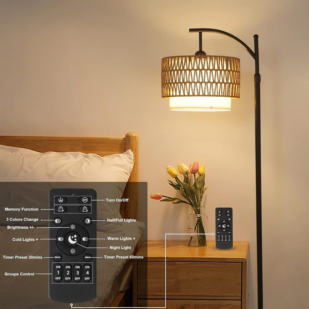 Cozy Arc Floor Lamp with Remote Control and Dimmable Rattan Shades