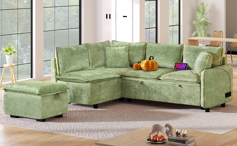 Cozy Green Convertible Sofa Bed with Storage & USB Charging