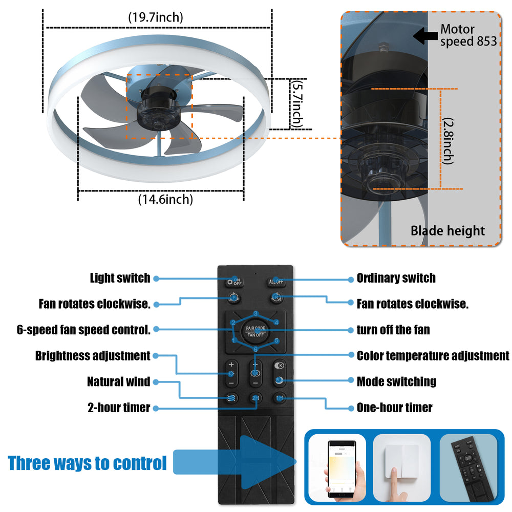 Blue Dimmable Ceiling Fan with LED Light