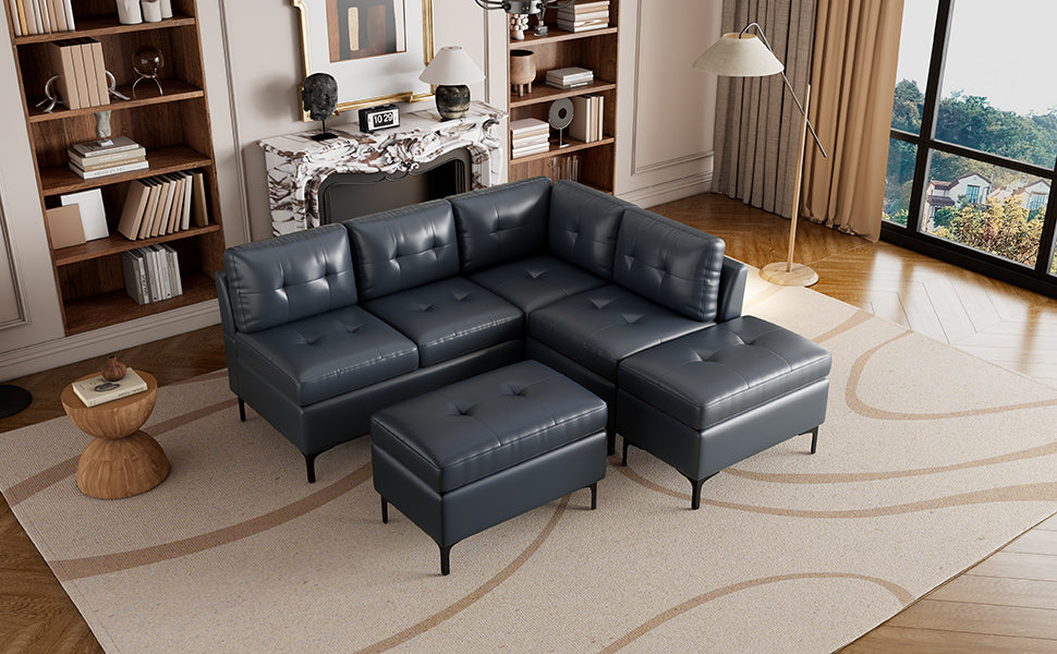 Cozy Blue L-Shaped Corner Sofa with Storage Ottomans