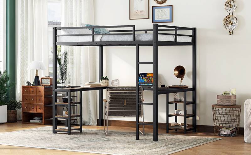 Chic Loft Bed with Desk & Shelves