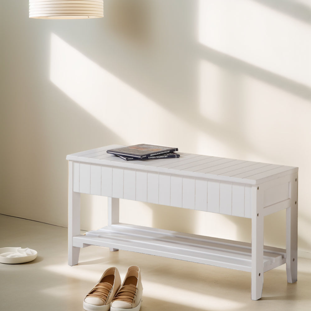 Chic White Wooden Shoe Bench with Storage