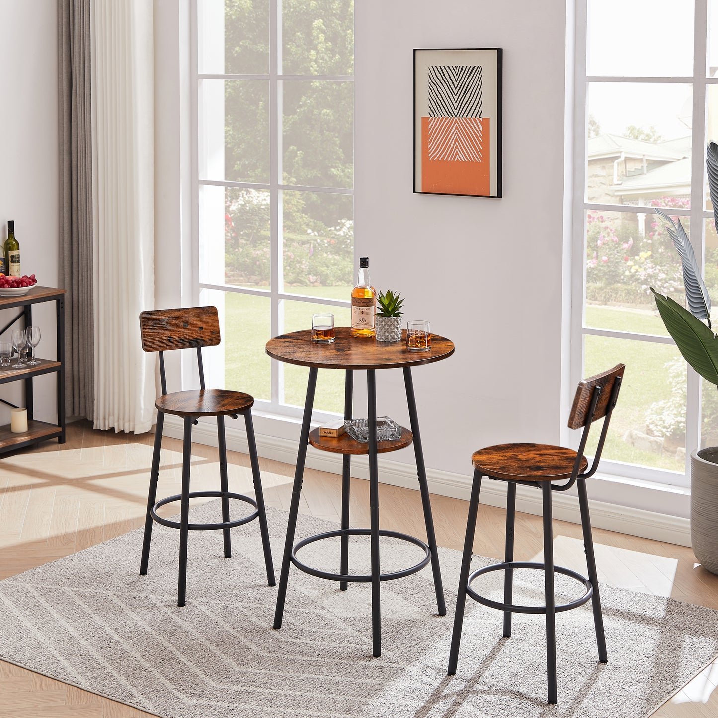 Rustic Round Bar Stool Set with Backrest and Shelves