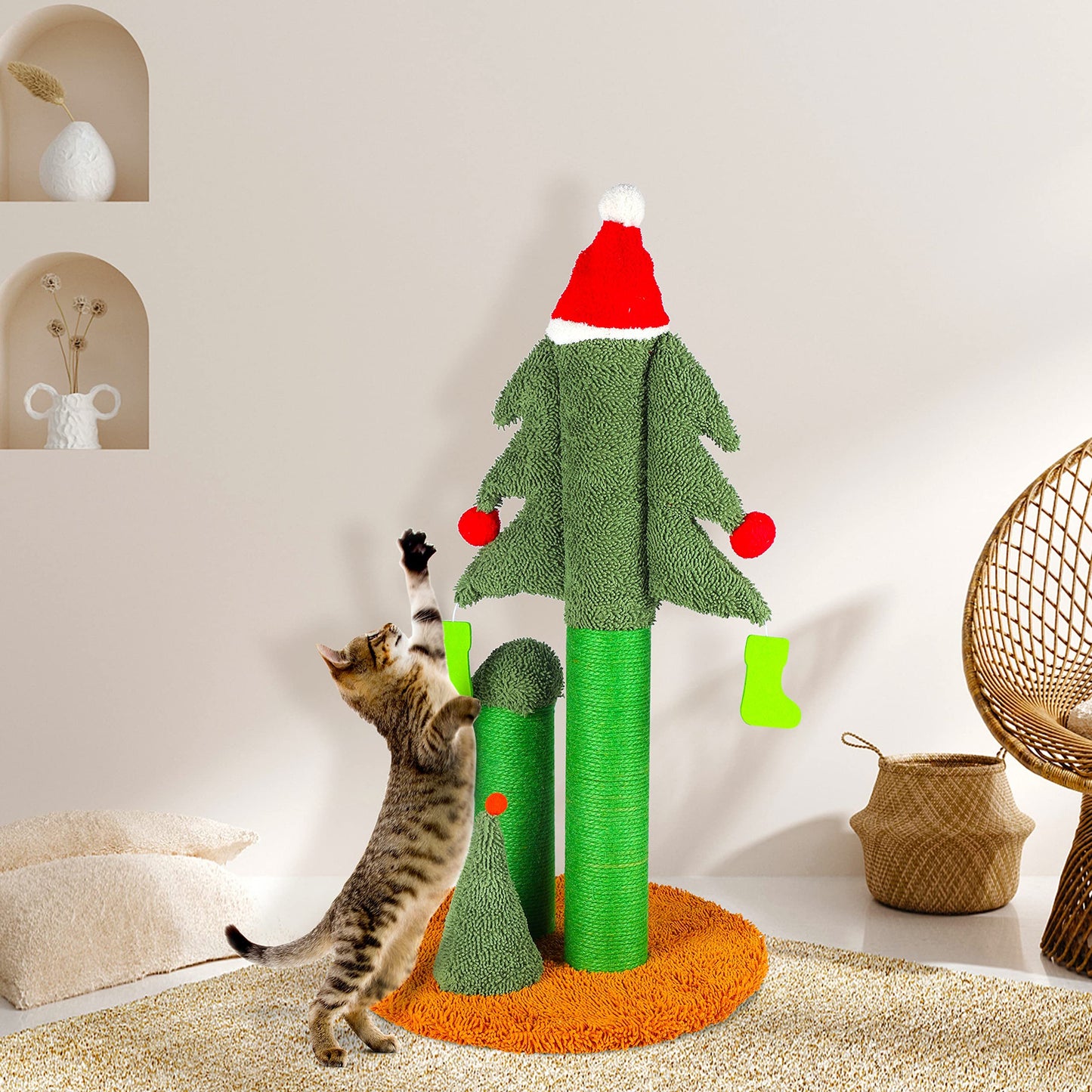 Festive Cat Tree Scratcher with Teaser Balls