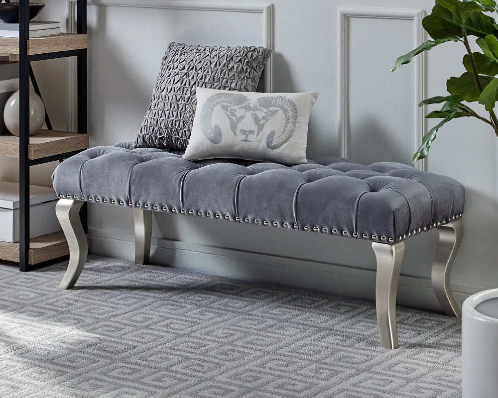 Chic Gray Tufted Bench with Nailhead Accent