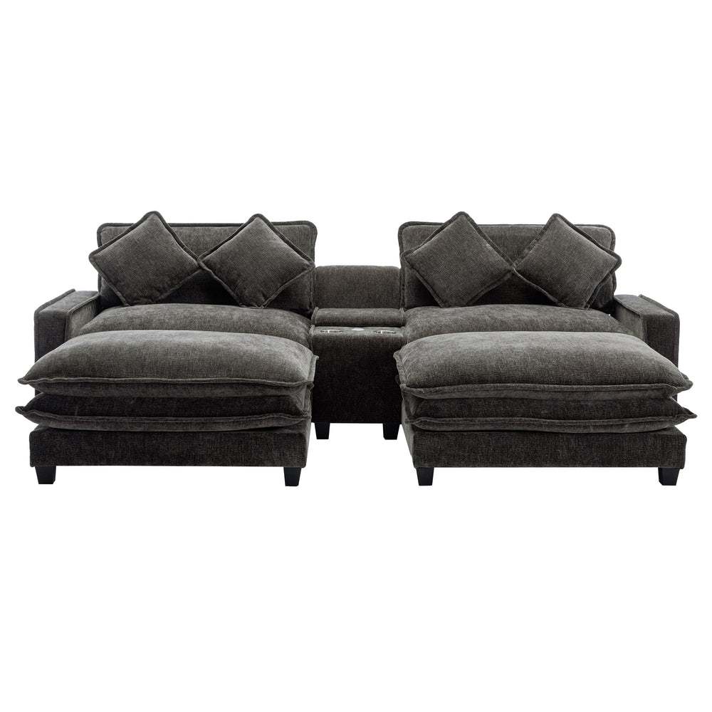 Cozy Black Chenille Sectional Sofa with Ottomans and USB Ports