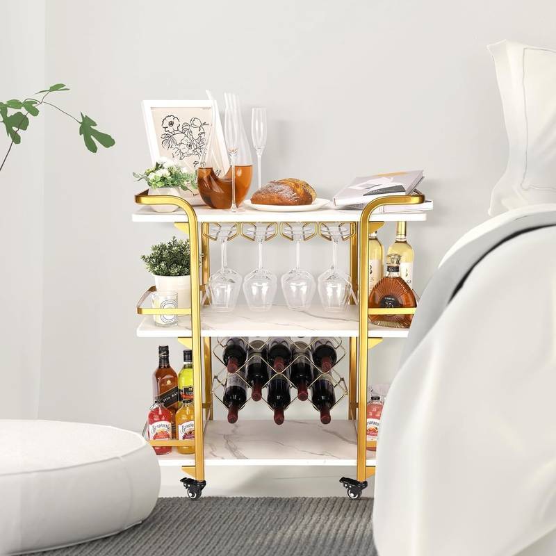 Glam Gold Bar Cart - Chic 3-Tier Storage & Wine Rack on Wheels