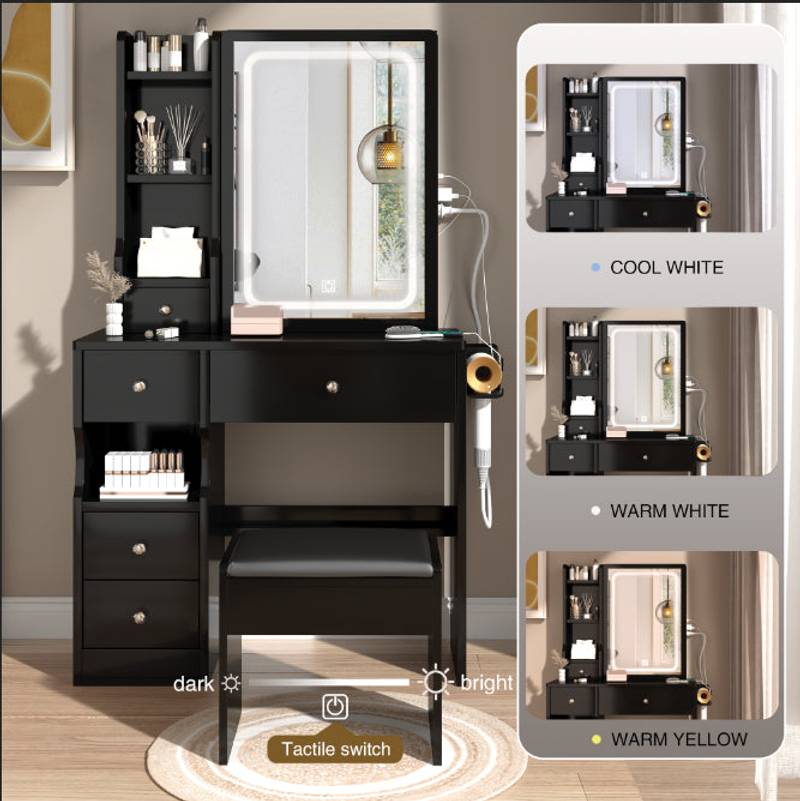 Chic Space-Saver Vanity Set with LED Mirror & Power Hub