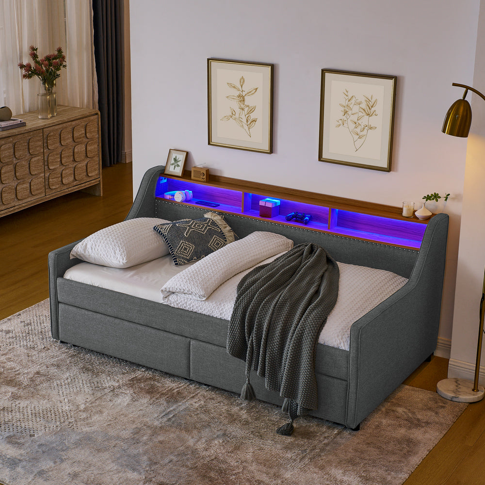 Cozy Grey Twin Sofa Bed with LED Lights & Storage Features