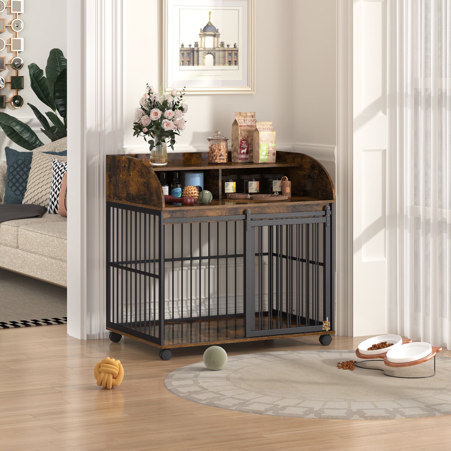 Stylish Heavy-Duty Dog Crate with Wheels and Storage