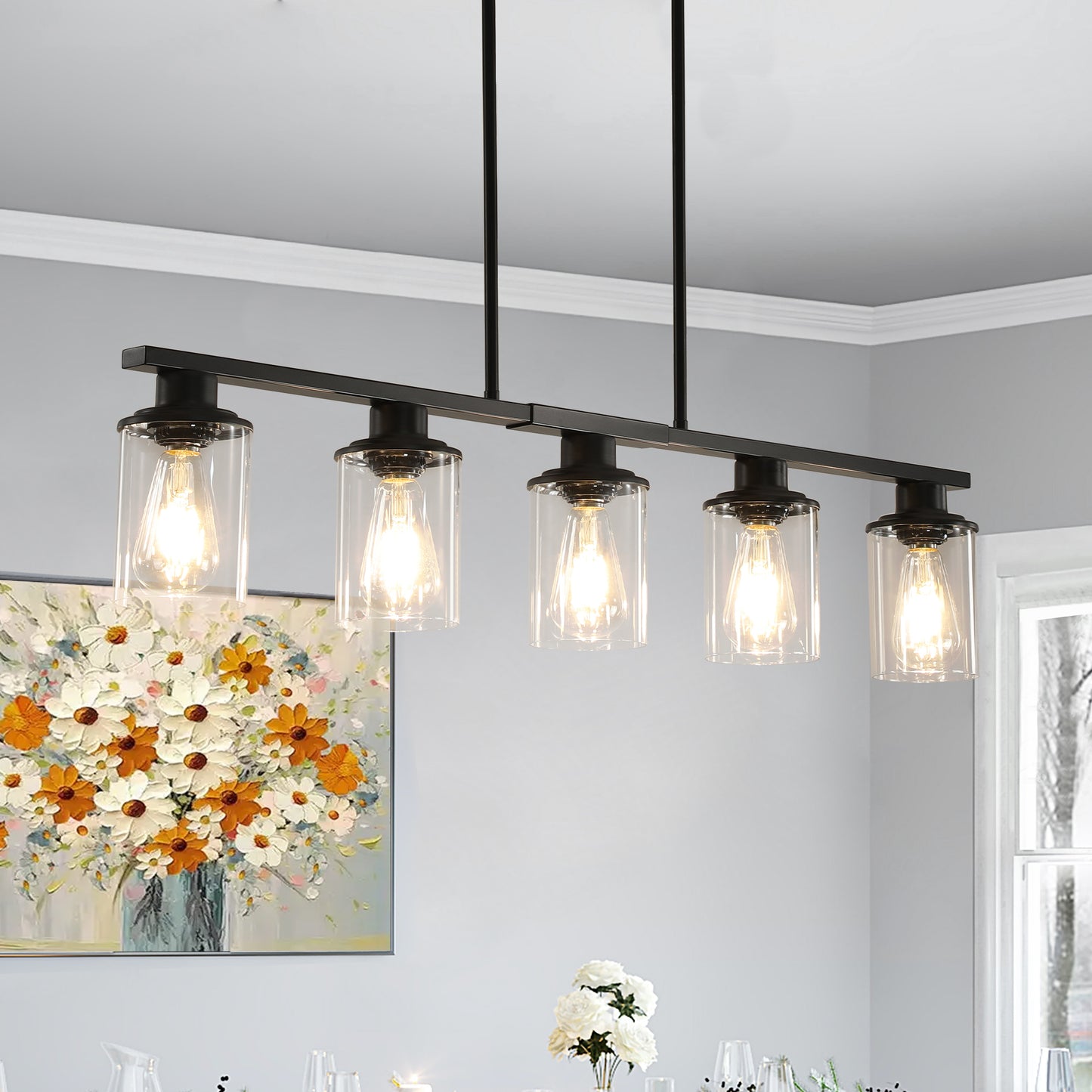 Stylish Black Chandelier with Clear Glass Shades