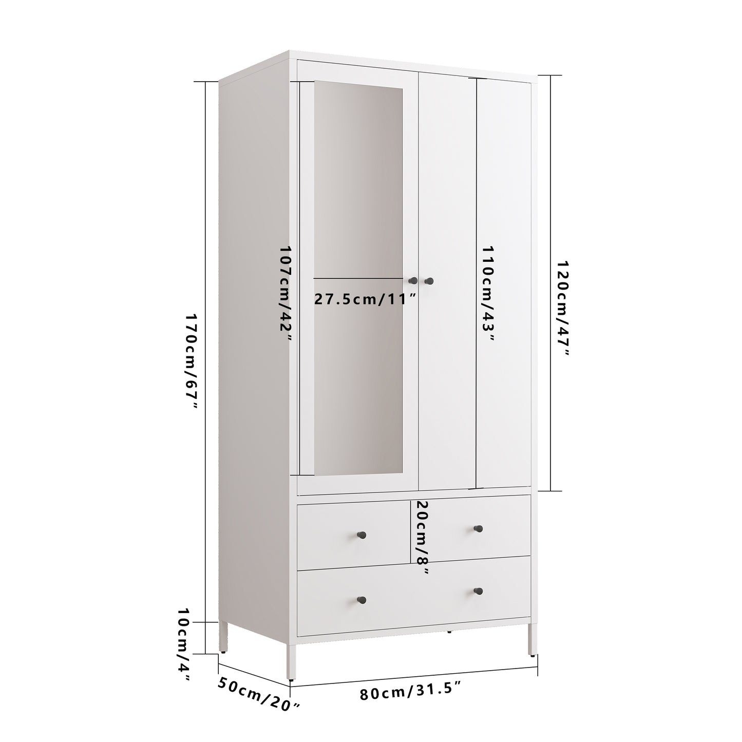 Chic White Metal Wardrobe with Mirror and Drawers