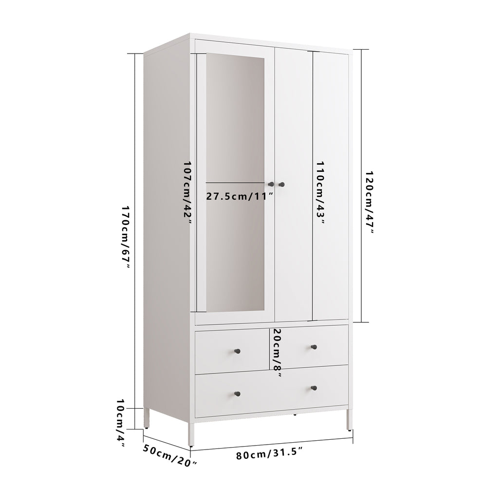 Chic White Metal Wardrobe with Mirror and Drawers