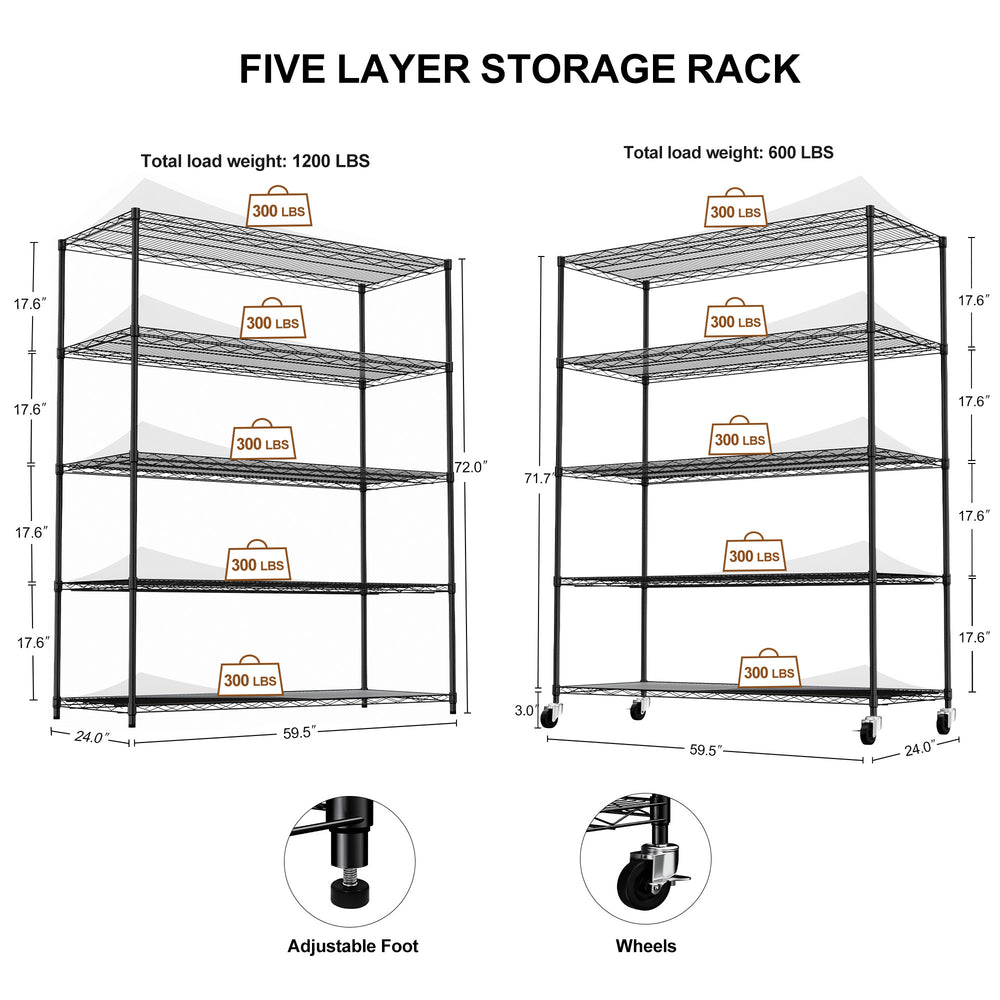 Rolling Heavy-Duty 5-Tier Shelf Rack with Liners