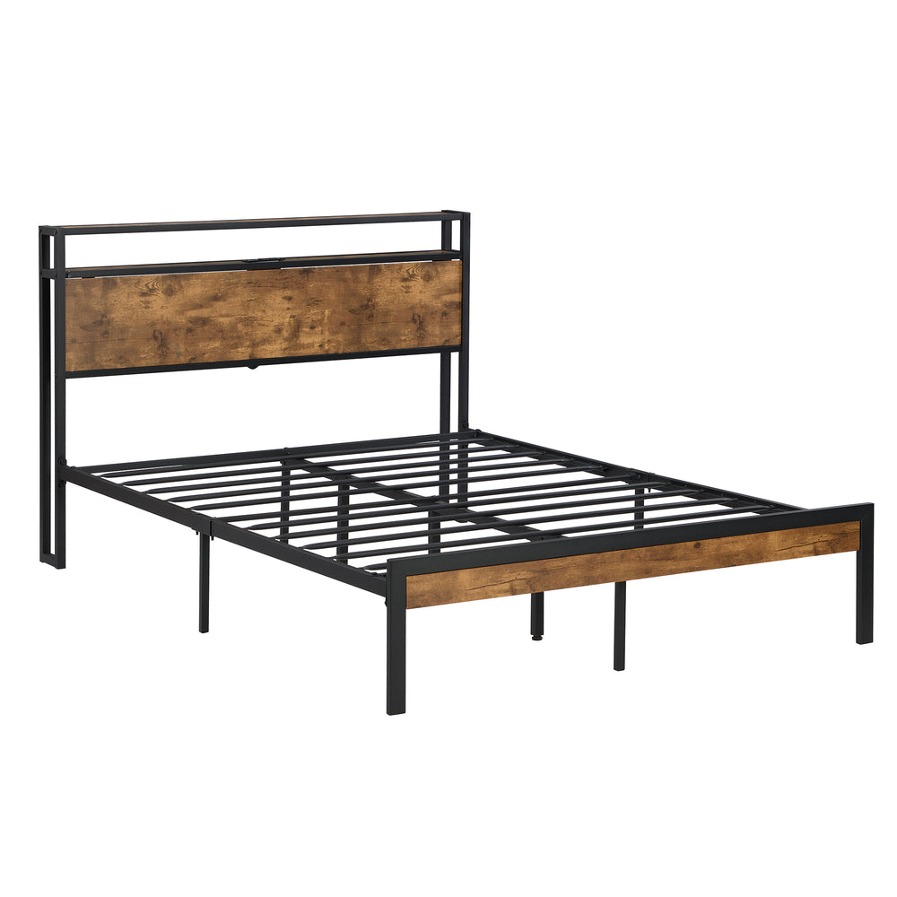 Stylish Queen Metal Bed Frame with Wooden Accents & USB Charging - No Box Spring Needed!